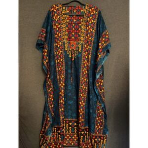 TRUE ROCK Womens Free Size Kaftan Maxi Dress Blue Geometric Print Resort wear